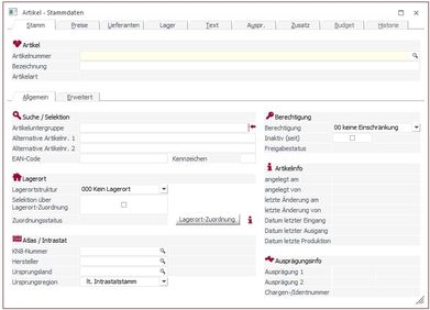 Screenshot Artikelstammdaten