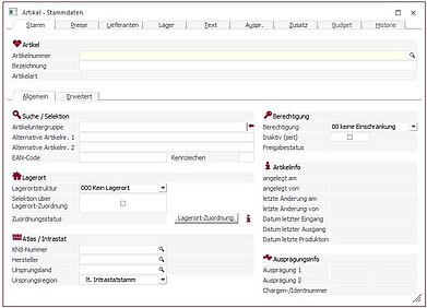 Screenshot Artikelstammdaten