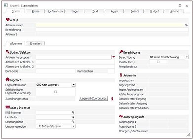 Screenshot Artikelstammdaten
